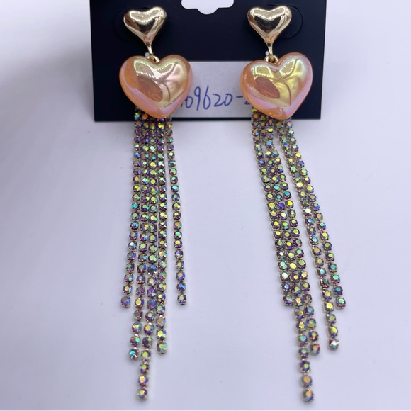 NOIR long tassel rhinestone heart shaped drop dangle earrings- New - Picture 7 of 10